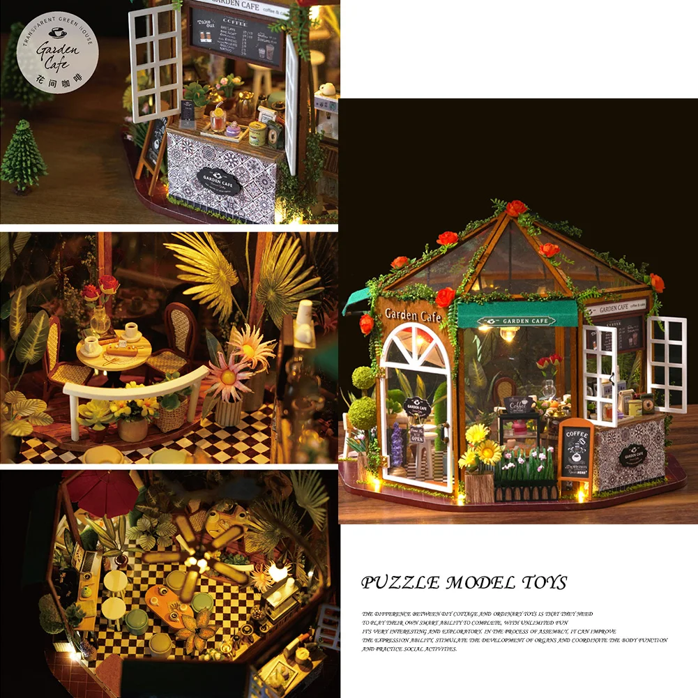 

DIY Hut Garden Cafe Doll House Toys Kit Handmade Manual Assembling Model Furniture 3D Wooden Miniature Doll House