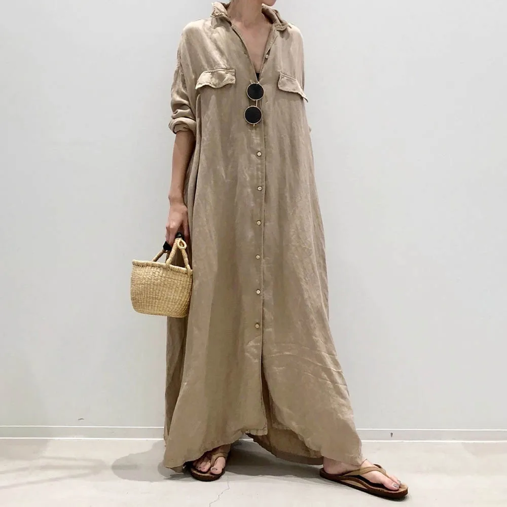 

2021 New Long Shirt Dress Single-breasted Slim Lapel Women Fashion Solid Color All Match Loose Casual Japanese Female