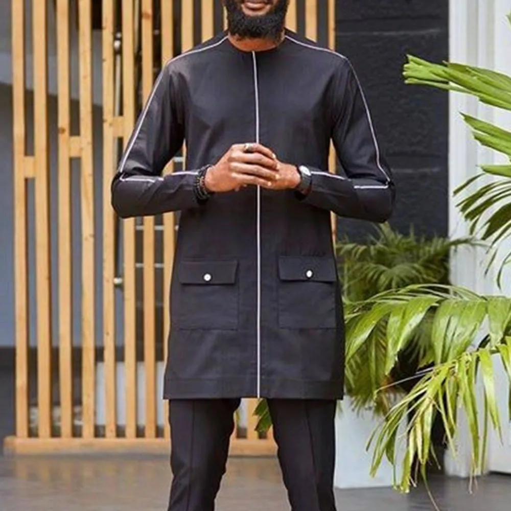 

African Traditional Men's Mid-length T-shirt Long-sleeve With Pants Man Plus Size Fashion Dashiki Tops Male Two-pieces Set 2021