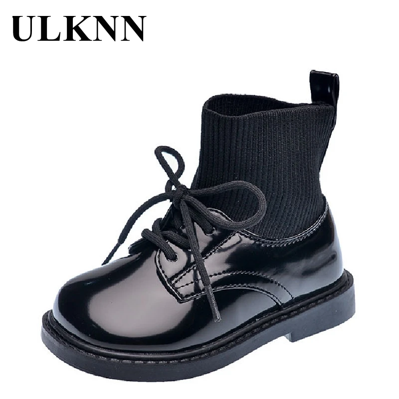 

ULKNN Children's Boots Kids Leather Martin Boots For Girl Baby Boy Knitted Mid-calf Fashion Shoes Winter Sneakers Baby Shoes New
