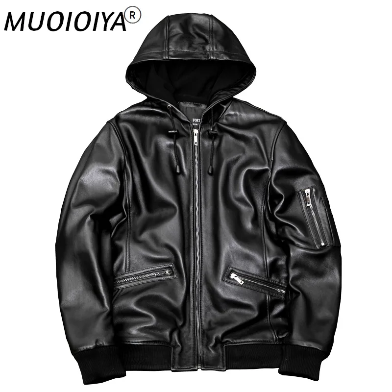 

Men's Genuine Hooded Leather Jacket Short Casual Top Layer Sheep Leather Jacket