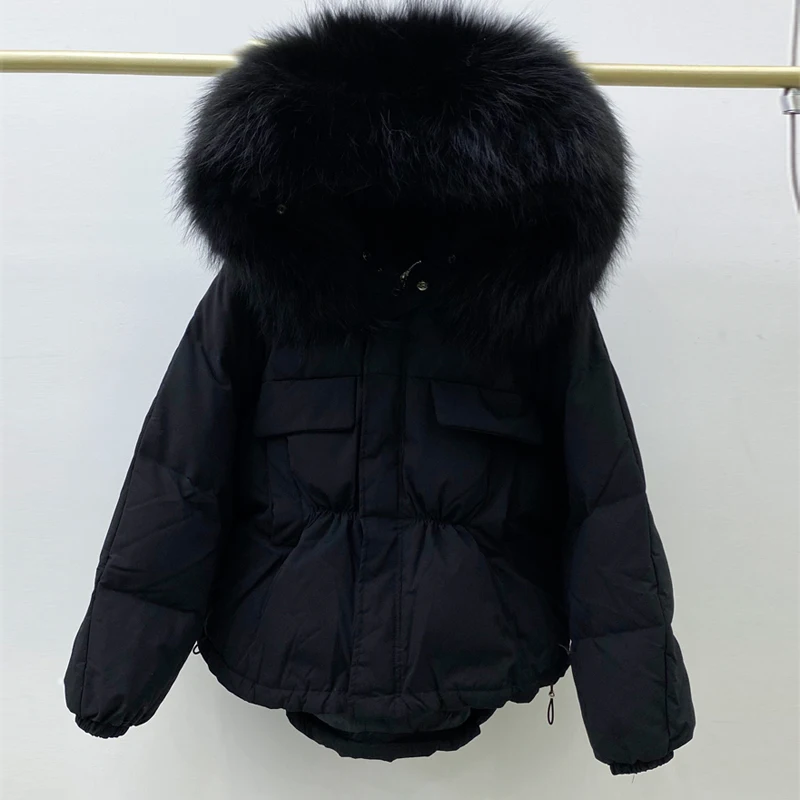 Женский пуховик с капюшоном Janveny непромокаемый короткий из натурального меха