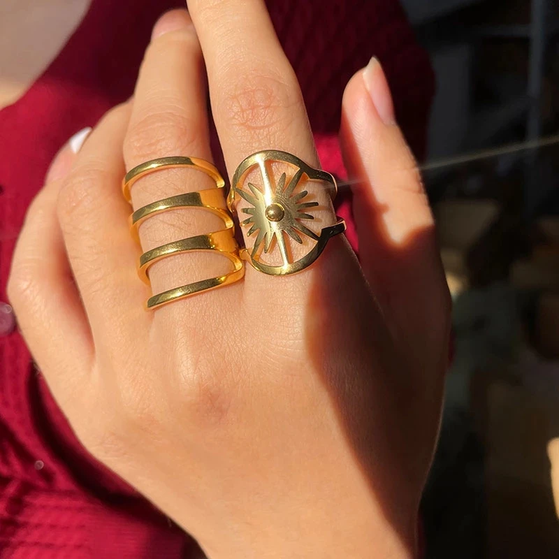

Женское кольцо из нержавеющей стали, большое Винтажное кольцо неправильной геометрической формы из титановой стали золотого цвета, подаро...