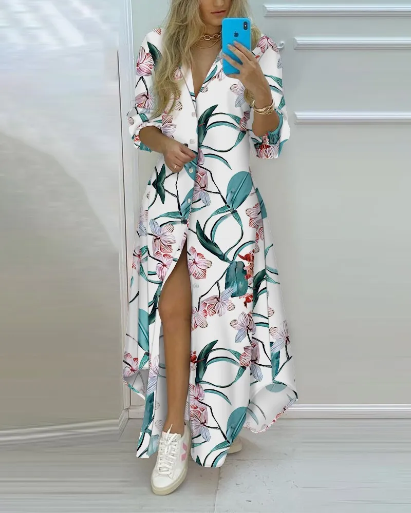 Длинное пляжное платье элегантные женские Кнопка длинная рубашка Лето