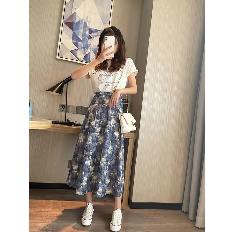 

Oil painting style floral skirt women's mid length 2021 summer new high waist slim A-line big swing skirt