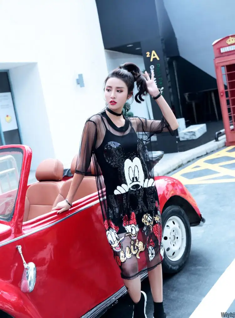 Новый женский костюм из двух предметов платье Микки с блестками Сетчатое рубашка