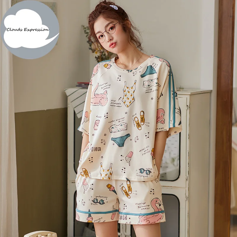 

Summer New Knitted Cotton Women's Pajama Set Couple Cartoon Nightwear Sets Women Pajamas Lovely Sleepwear M-2XL Home Fashion