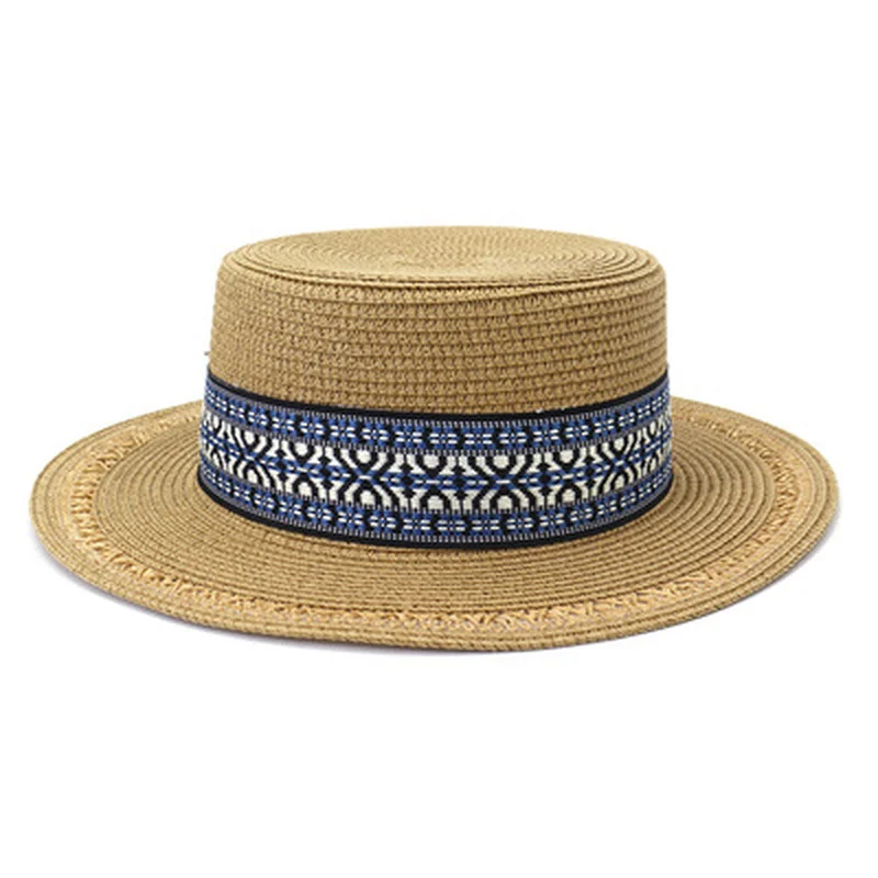 

straw hats women men flat top khaki white black solid summer hats belt band casual beach outdoor sun protection women summer hat