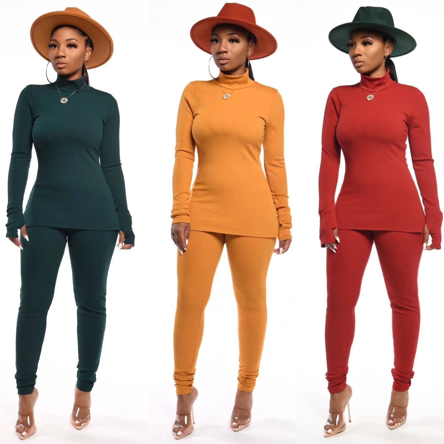 

2020 Women Sweater Elastic Tracksuit Sets Solid Turtleneck Pullovers +Long Pants Knitted Suits Autumn Winter Warm Female Sets
