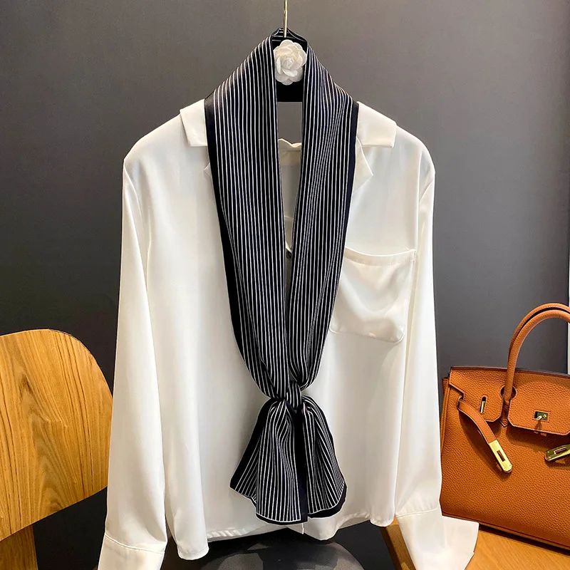 

2022 Silk Long Scarf Women Luxury Scarves Neckerchief Summer Headband Female stripe Kerchief Bag Scarfs Hairband Neck For Ladies