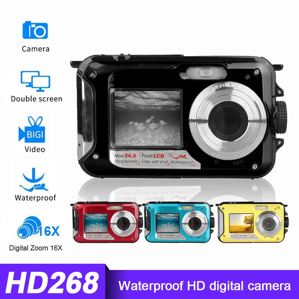 

Водонепроницаемая камера с двойным экраном, фотокамера, Селфи, видеозаписывающее устройство, 1080P Full HD, МП, TF-карта, 32 ГБ, 16-кратный зум, черный