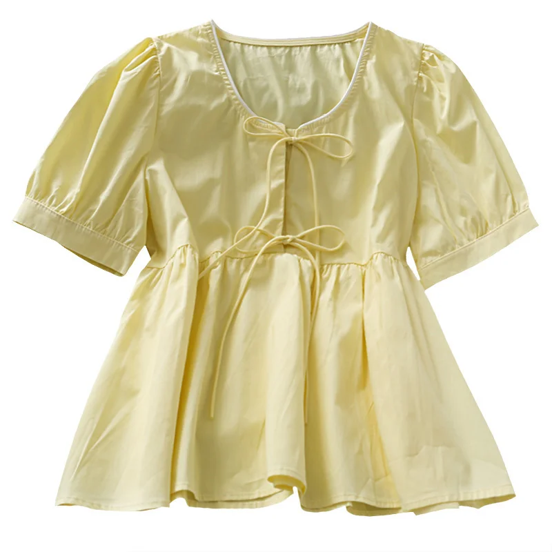 

Sweet Bow Lace-up Crew Neck Short Sleeve Small Shirt Women's 2021 Summer Pure Color All-Matching Skirt T-shirt Top
