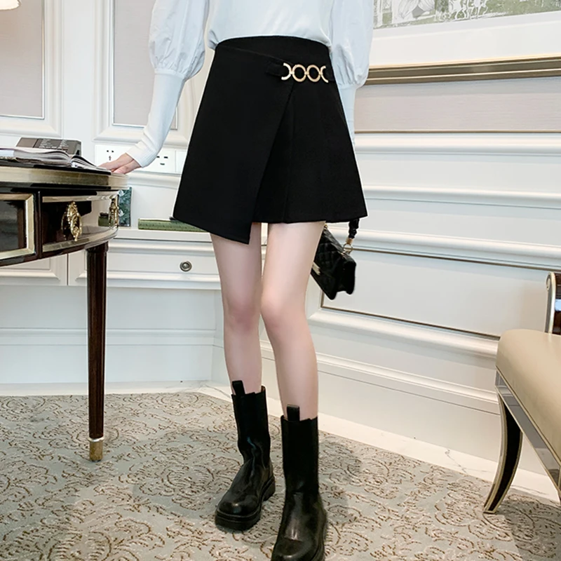 

Lucyever 2021 Spring Irregular A-line Skirt Women Metal Button Black Mini Skirts Woman All-match High Waist Pleated Skirts Mujer