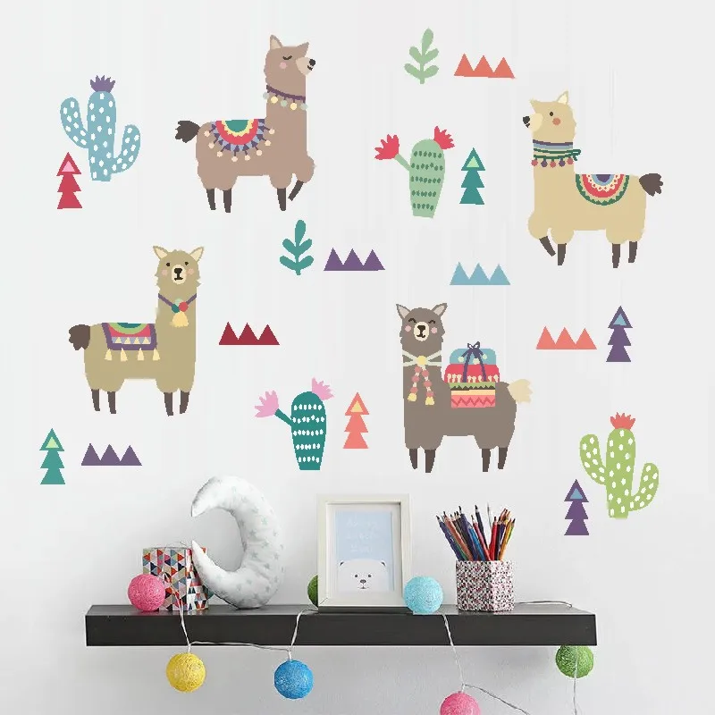 Мультфильм лама животные Индийский стиль Alpacas настенные стикеры s для детей настенные наклейки в комнату ПВХ стены снимающаяся Настенная Наклейка стикер s