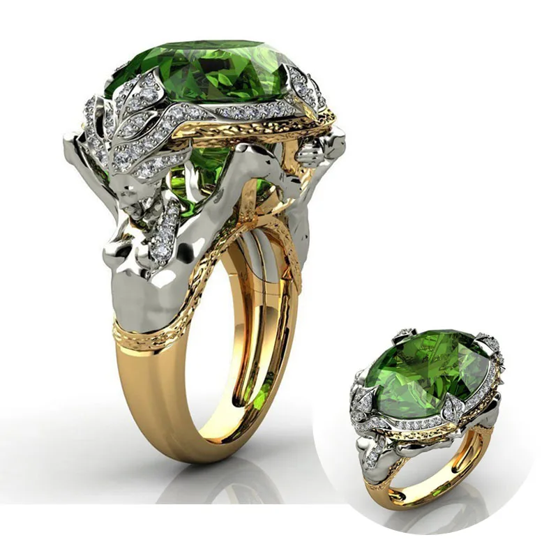 

Creative Two Colors Beautiful Mermaid Rings Inlaid Green Crystal White Shiny CZ Rhinestone for Women Party Jewelry Size 6-12