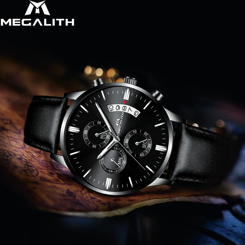 Мужские кварцевые наручные часы MEGALITH черные с хронографом простой дизайн 2019 |