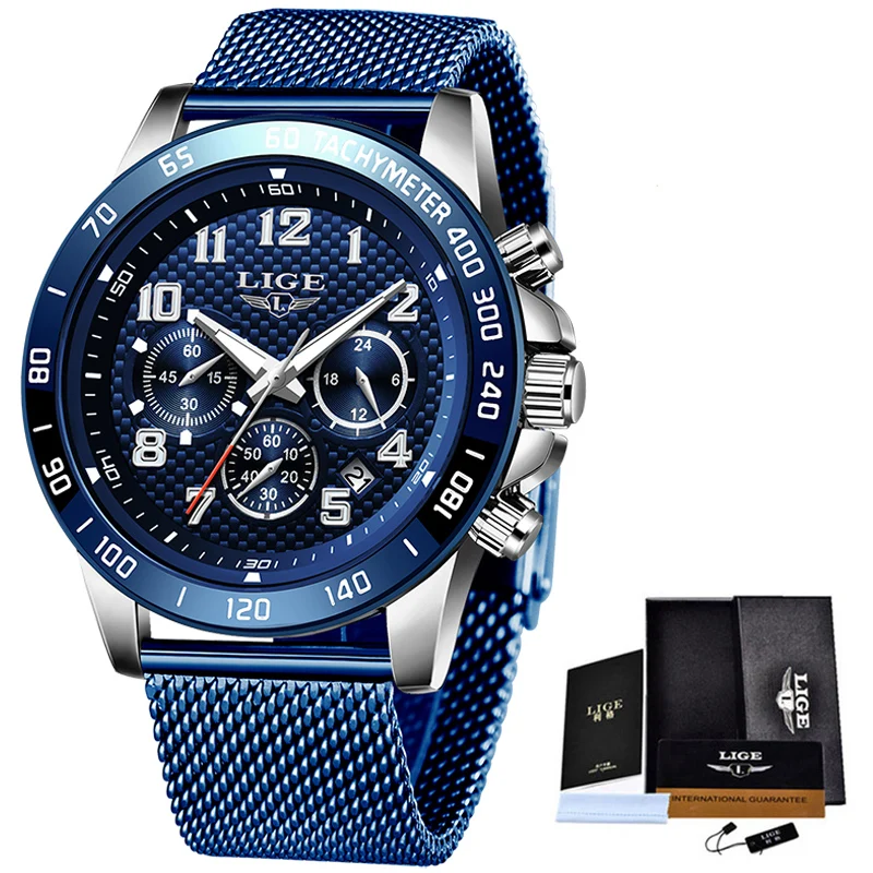 

LIGE New Mens Watches Top Brand Luxury Quartz Clock Mesh Steel Date Chronograph Waterproof Sport Watch for Men Relogio Masculino