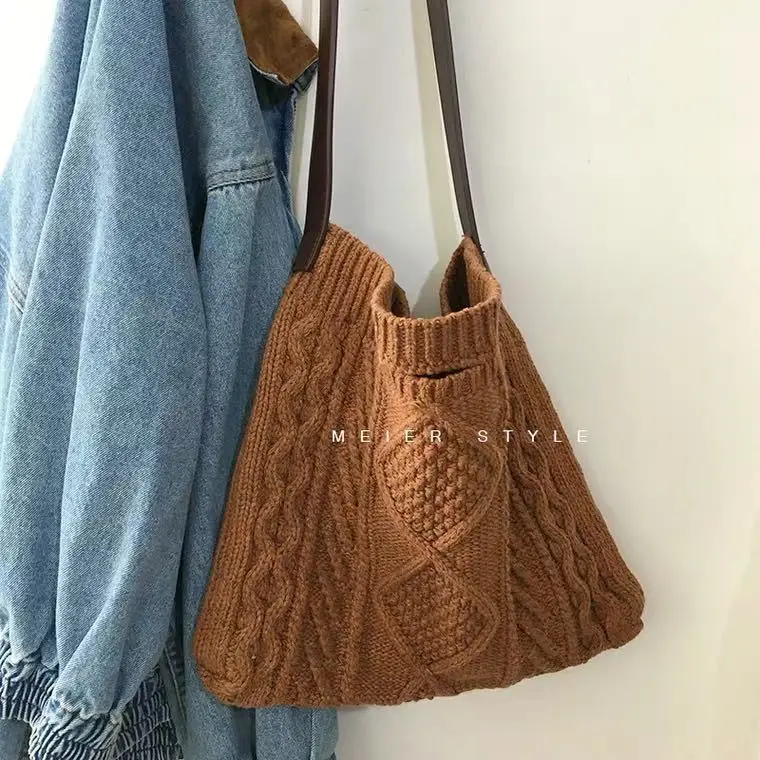 

Tamara New Vintage Women Canvas Shoulder Shopping Bag Korean Wool Knitted Woven Crossbody Bag For Woman 2021 Female Handbags