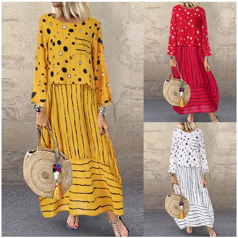 

Hot Selling Polkadot Cotton Linen Dress 261 Women's Spring and Summer Plus-sized Loose-fit Fake Two-piece Long Sleeve Casual Red