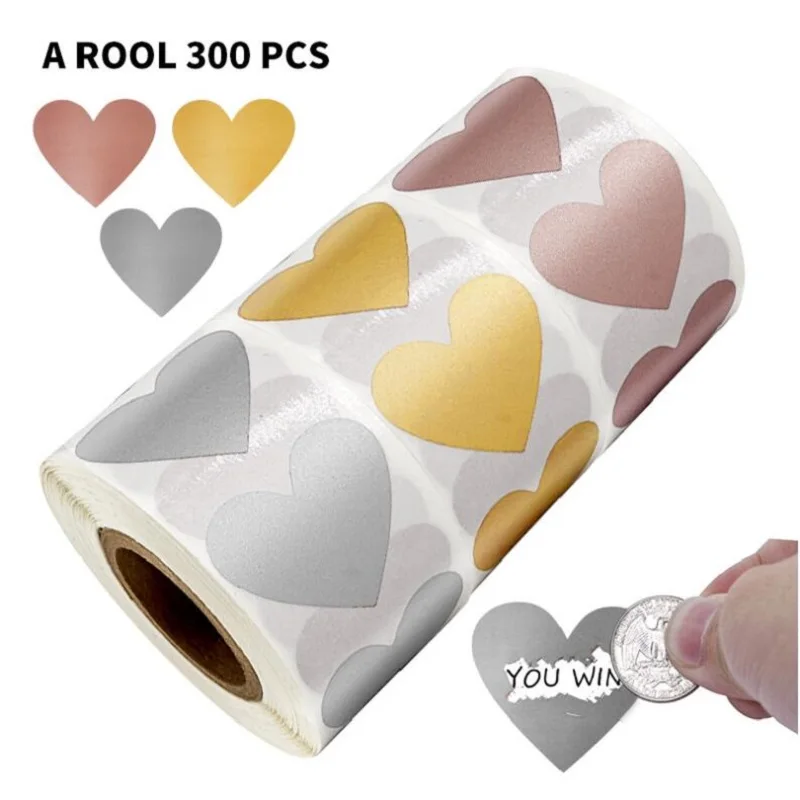 

300pcs Silver/Gloden/Rose Golden Heart Shape Game Secret Code Cover Scratch Off Stickers Adhesive Paper Labels for Home