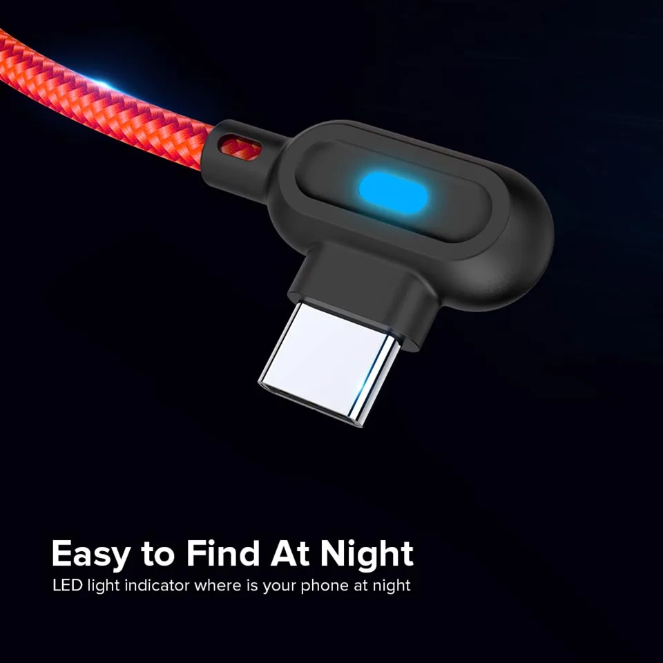 Venroii кабель usb type C 1 м светодиодный кабель для быстрой зарядки и синхронизации данных для samsung huawei Xiaomi 90 градусов Android мобильный телефон игры Kable
