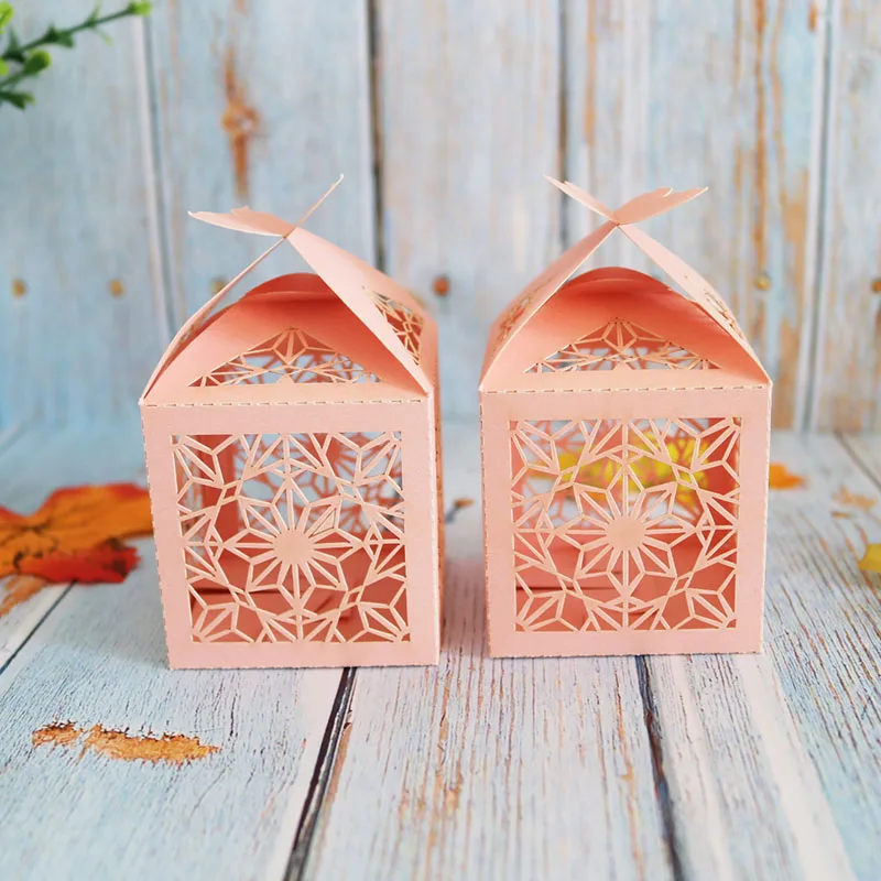 10 шт./лот жемчужная бумажная коробка для свадьбы лазерная резка розовая/белая