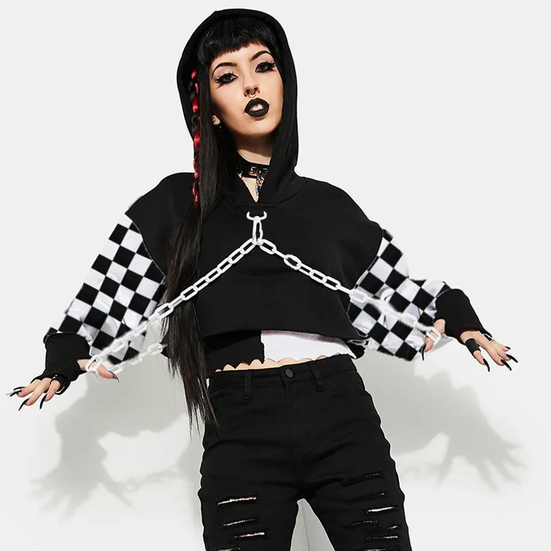 

Cool Hip hop clothes Autumn and winter women's hooded navel chain top High street Emo Oversize Casual Pullover Hoodies