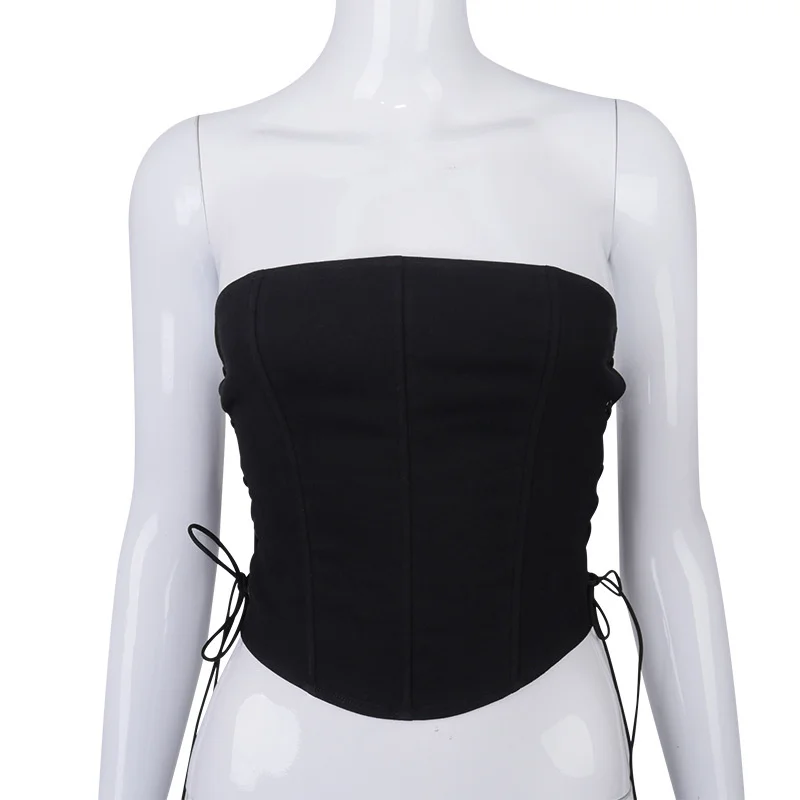 

Fashion Women Sleeveless Slim Pure Streetwear Sexy Strapless Nightgown Sexy Club Strapless Hollow Side Out Lace Bodycon Crop Top