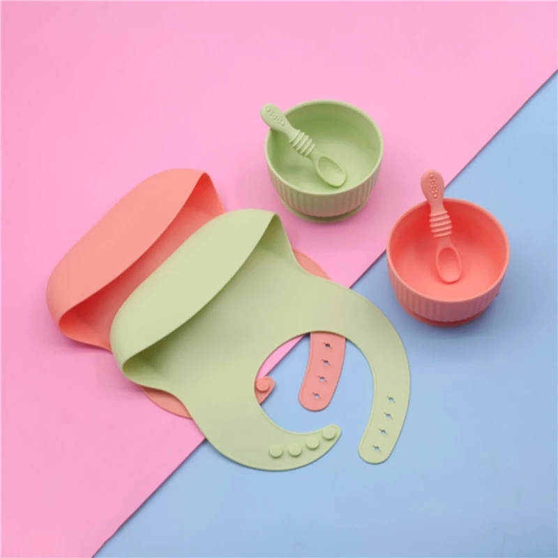 

3 Pcs Baby Silicone Tableware Bib+Suction Bowl+Spoon Set Infants Learning Training Feeding Utensil Dishes for Newborn Toddlers D