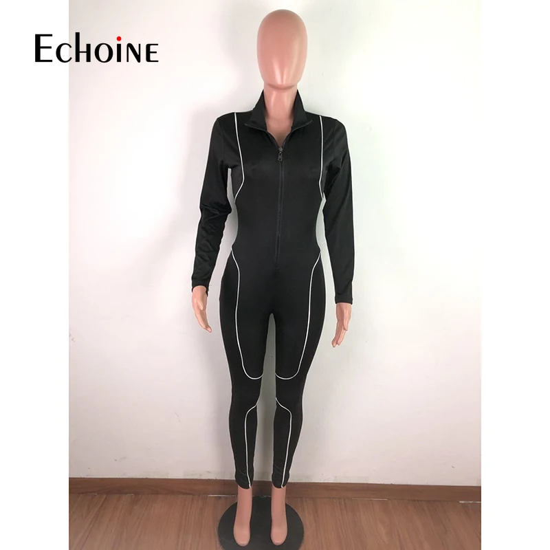 

Echoine Autumn Women Striped Long Sleeve Zipper Jumpsuit Active Bodycon Moto Biker Sportwear Romper bodysuit Streetwear Overalls