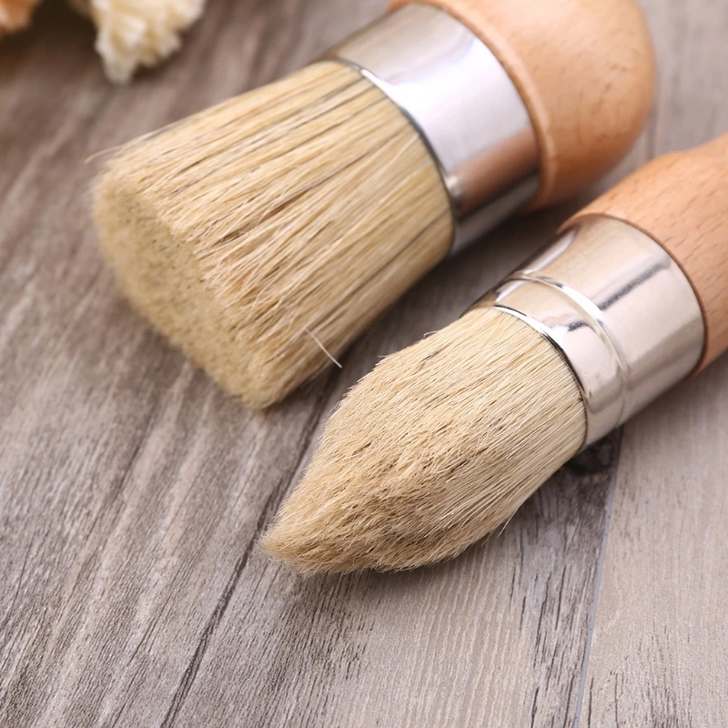 

2Pcs/Set Round and Pointed Chalk Paint Wax Brush Ergonomic Wood Handle Natural Bristle Brushes Furniture Painting Tool