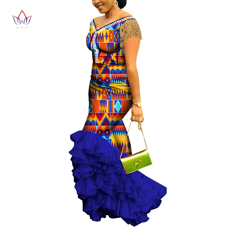 

African Tassels Clothing Best Quality Party Lady Plus Size Women Dress Print V-neck Collar Short Sleeve Ladies Long Dress WY6948