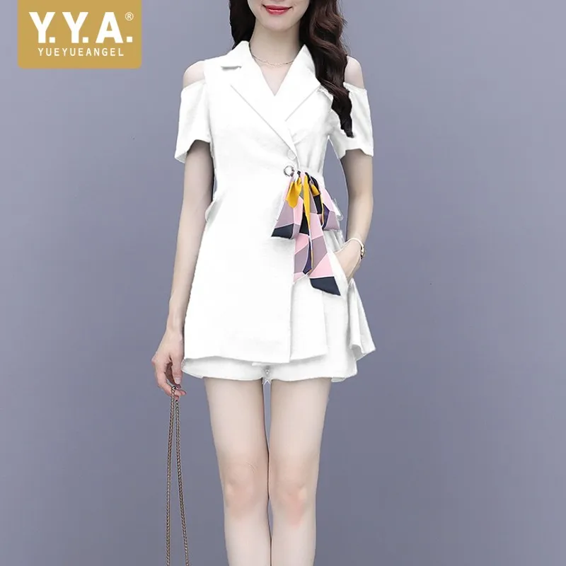 

Fashion Profession Sets Womens 2022 Summer New Casual Elegant Slim Turn-Down Collar Top Solid Concise Shorts Two-Piece Suit