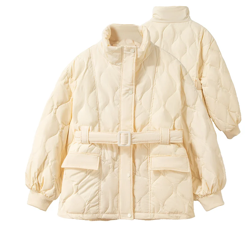 

Winter Jacket Women 2021 Down Warm Puffer Coat White Jacket Belt Design Fashion Short Jacket
