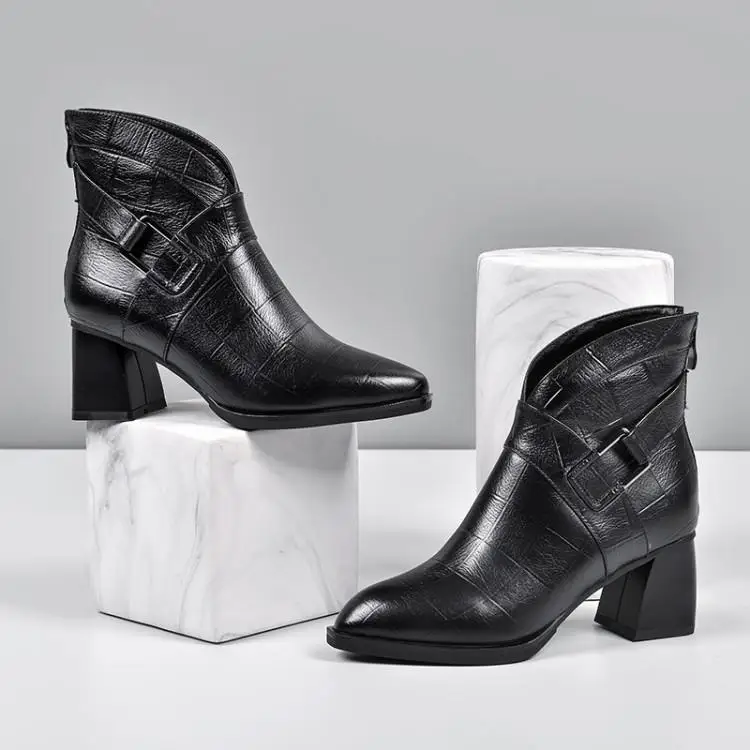 Кожаные ботинки и женские на Высоком толстом каблуке сезон осень-зима обувь с
