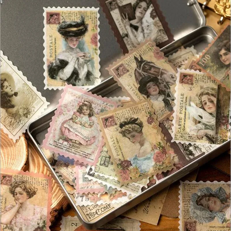 

60pcs/pack Vintage Stamp Series Journal Decorative Stickers Scrapbooking Stick Label Diary Album Stationery Retro stamp Sticker