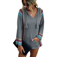 new women color block hoodie sweater 2020 autumn v neck mexican baja stripe casual pullover patchwork loose knit poncho sweaters