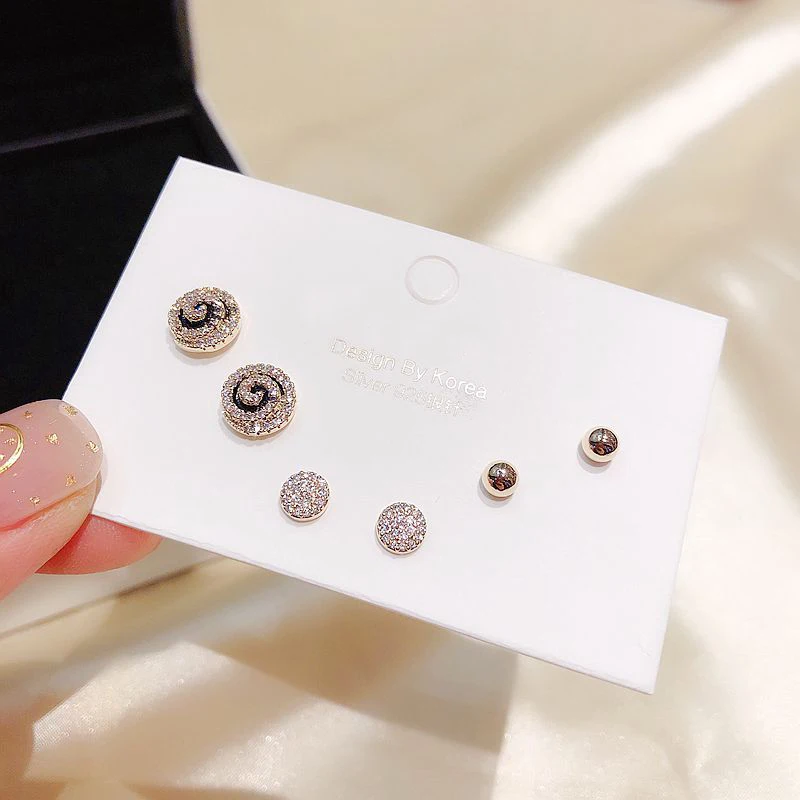 MIGGA 3 Pairs CZ Crystal Paved Round Stud Earrings Set Gold Color Cubic Zircon Women Jewelry | Украшения и аксессуары