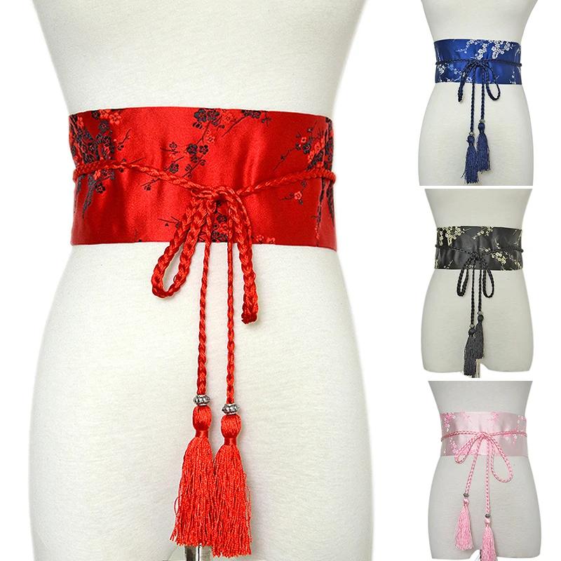 

Tie Satin Belt Fashion Female Retro Floral Print Bathrobe Waistband Wide Corset Cummer Bunds Kimono Belt Ribbon 2021 New