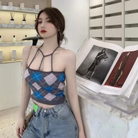 real photo 2021 summer retro versatile vest with diamond plaid knitted neck strap
