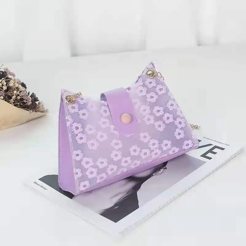 

Female bag 2021 summer Korean embroidery thread flower transparent magnetic buckle underarm shoulder portable simple mobile phon