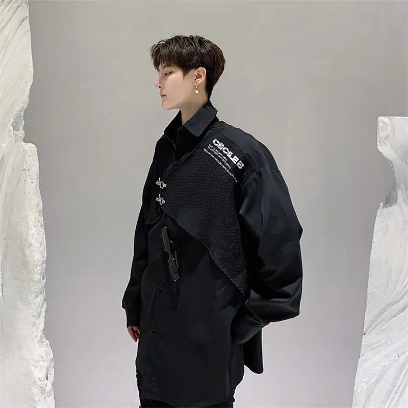 Men's Long-Sleeve Shirt Spring And Autumn New Style Personality False Two Splicing Niche Design Fashion Casual Large Size Shirt