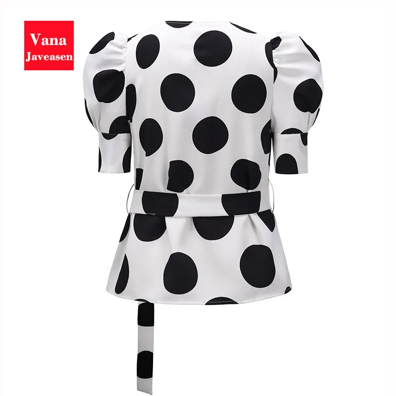 

Office Lady Polka Dots Blouse Women Blusas Puff Sleeve Belt Design Blouse Women Clothing Sexy V-neck Pullover Tops