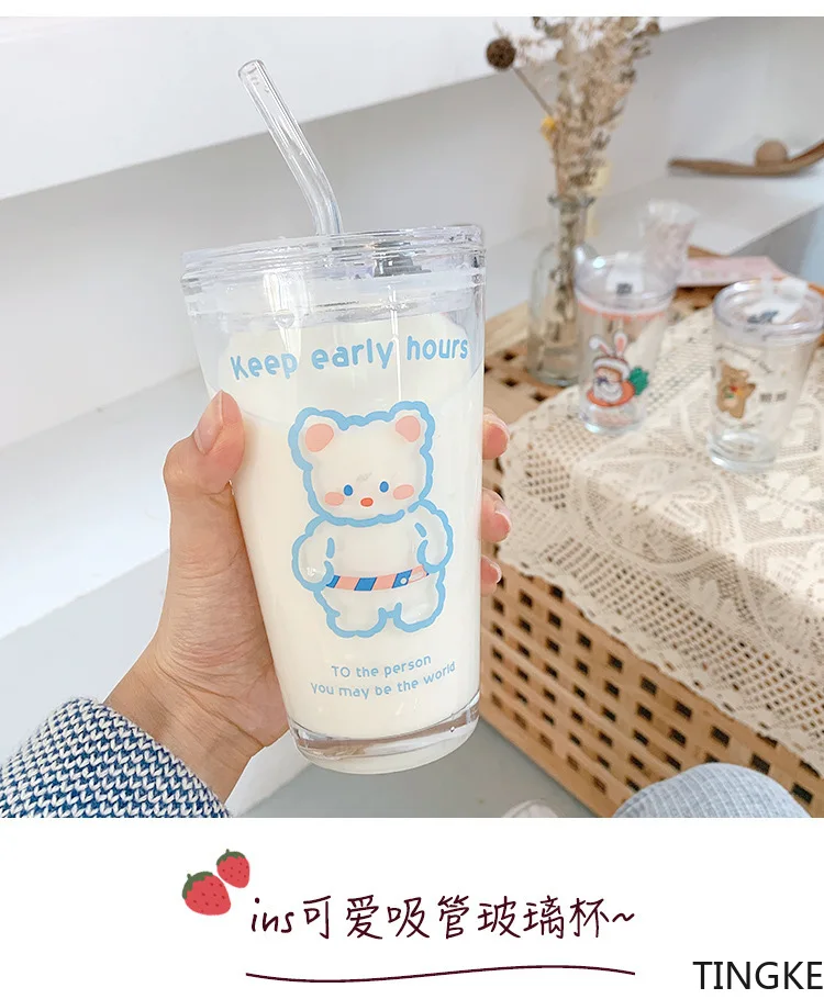 

450ml cute cartoon glass straw cup cartoon scale milk cup drink cup girl with lid milk tea cup home