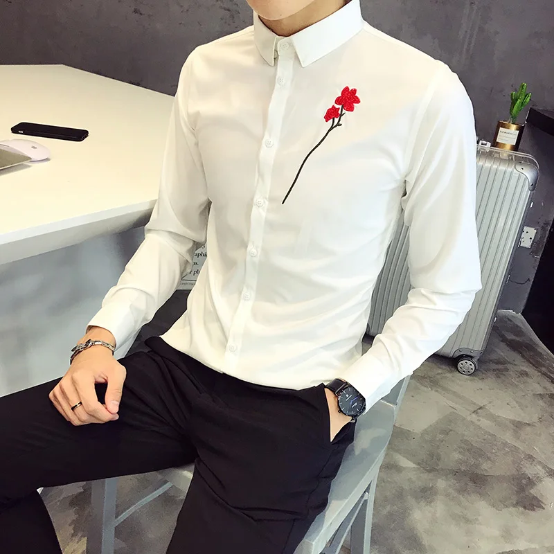 Рубашка мужская с вышивкой приталенный дизайн Топ длинным рукавом модная майка