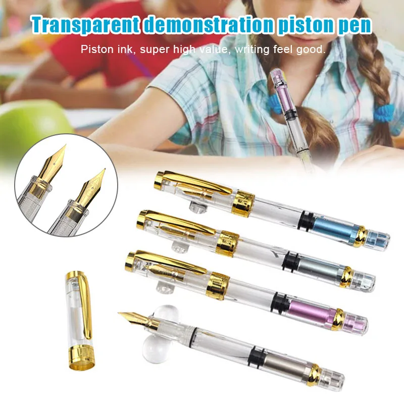

Transparent Piston Fountain Pen Clear Demonstrator Ink Golden Iridium Fine Nib New Design