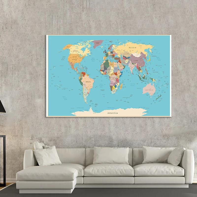 

The World Map Political Map Non-woven Canvas Painting Detailed Wall Art Pictures School Supplies Classroom Home Decoration