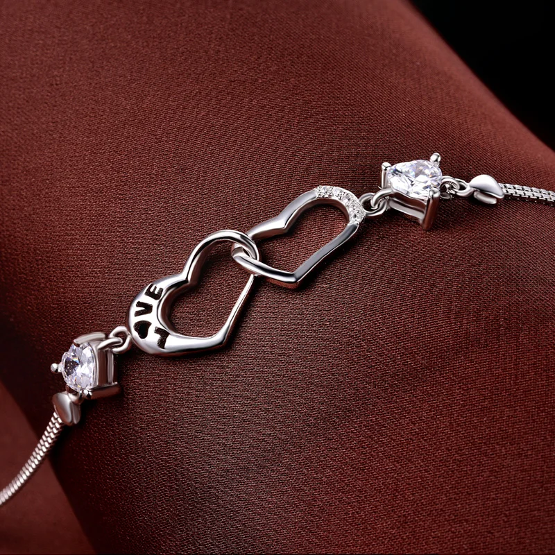 

Wholesale Bracelet Brand 16.5cm Sterling Silver Bracelet for Women Jewelry Wedding Hand Chain Zircon Heart to Heart Box Chain