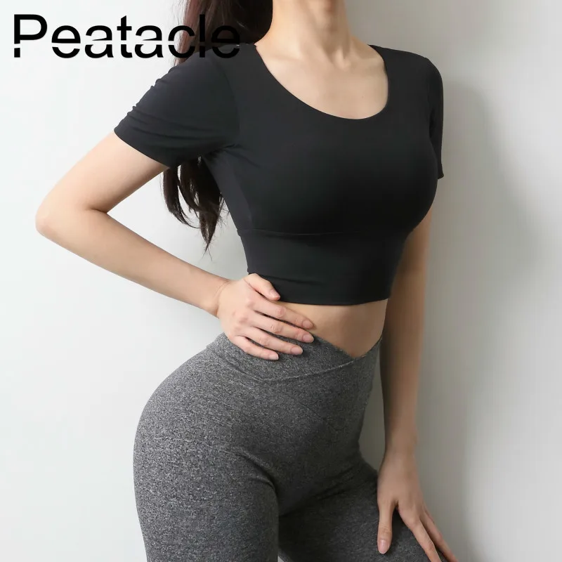 

Peatacle Crop Top Workout Shirt Women Yoga Gym Tops Fitness Clothing Dance Quick Dry Sports Bra High Impact Padded 2020 Sexy