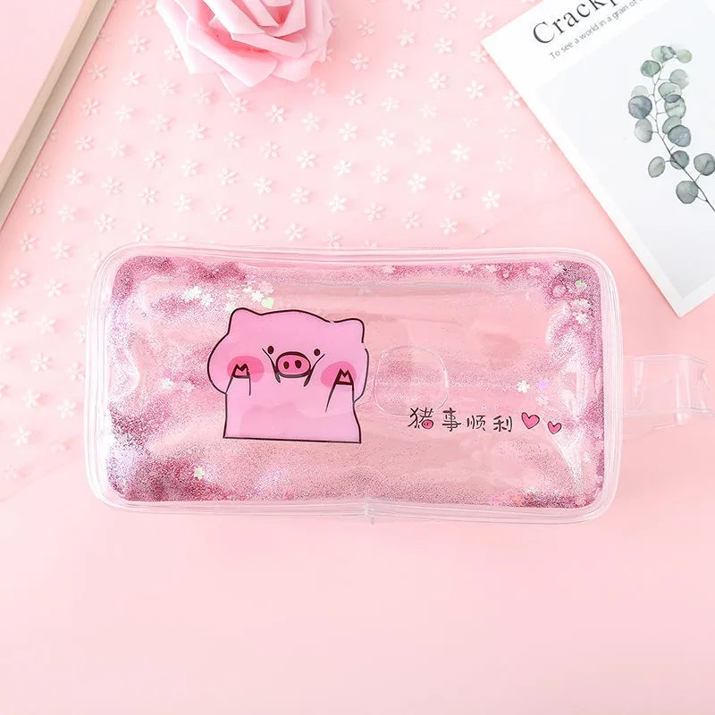 Cute PVC Pig Pencil Case Colorful Transparent Quicksand Girl Pen Bag Creative Korean Stationery School Supplies Pouch Kids Gift |